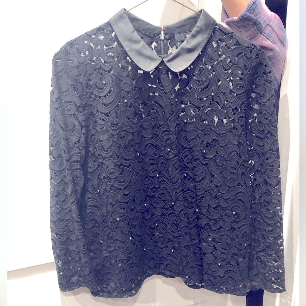 The Kooples black lace blouse with leather collar